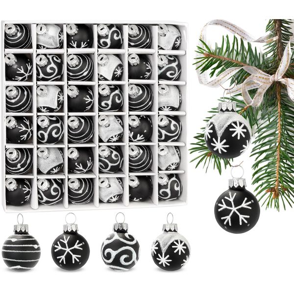 Set Di 36 Pezzi Di Baubles Natalizi Con Baubles Da 3 Cm - Mini Baubles Decorati A Mano Per L'albero Di Natale, Nero-image