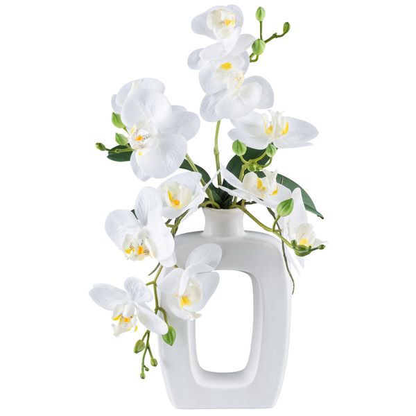 Orchidea Phalaenopsis 42 Cm Bianca In Elegante Vaso Di Ceramica - Pianta Artificiale Real Touch-image