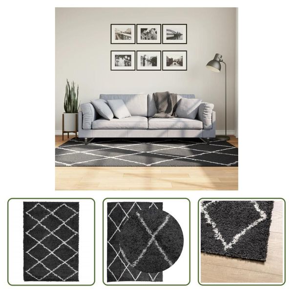The Living Store Tappeto Shaggy A Pelo Alto Moderno Nero E Crema 140X200 Cm-image