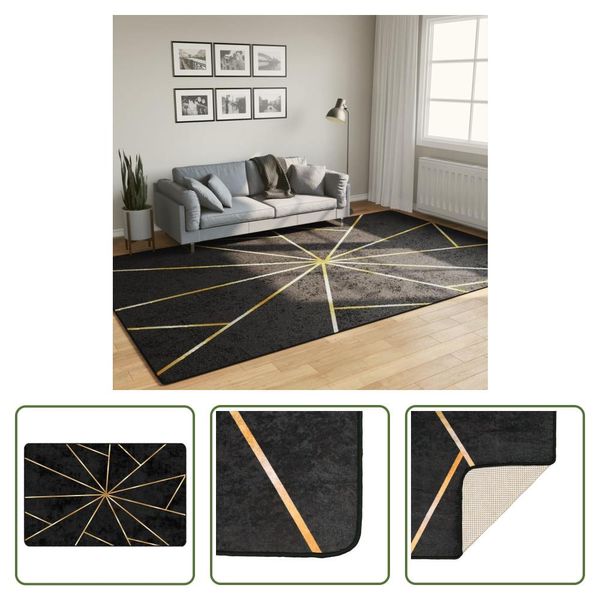The Living Store Tappeto Lavabile Nero E Oro 190X300 Cm Antiscivolo-image