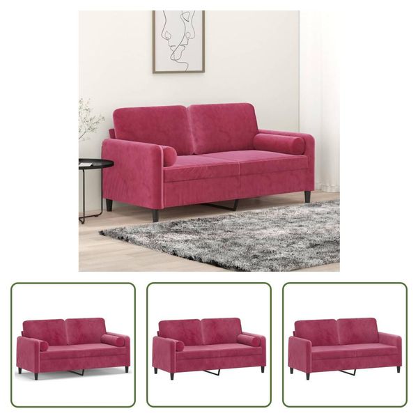 The Living Store Divano A 2 Posti Con Cuscini Decorativi In Velluto Rosso Vino 140 Cm-image