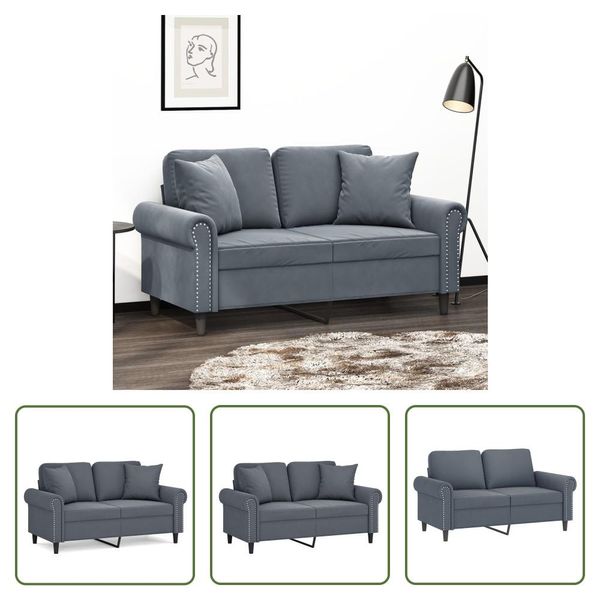 The Living Store Divano A 2 Posti Con Cuscini Decorativi In Velluto Grigio Scuro 120 Cm-image