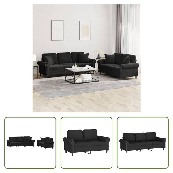 The Living Store Set Divano 2 Pezzi Con Cuscini In Velluto Nero-image
