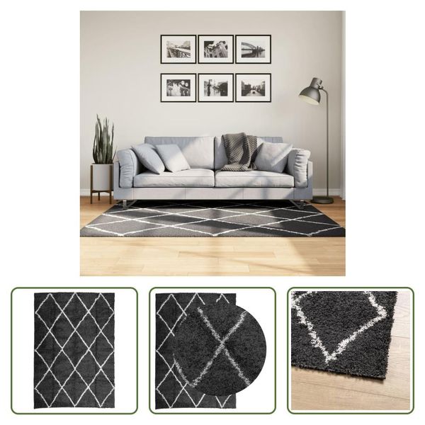 The Living Store Tappeto Shaggy A Pelo Alto Moderno Nero E Crema 120X170 Cm-image
