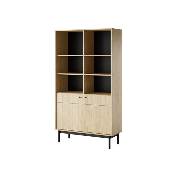 Libreria: Due Ante, Dieci Ripiani, Colore: Rovere Linea, Gambe In Legno: Nero, Dimensioni Del Mobile: L: 103,5 Cm, A: 184,6 Cm, P: 39 Cm-image