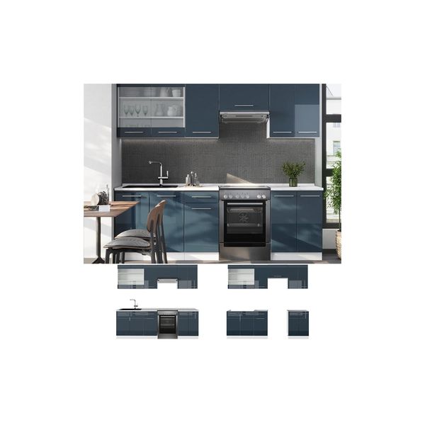 Vicco KüChenzeile Fame-Line Weiß Dunkelblau Hochglanz 240 Cm Ohne Arbeitsplatte-image