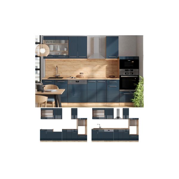 Vicco KüChenzeile Fame-Line Eiche Dunkelblau Hochglanz 300 Cm Mit Arbeitsplatte Anthrazit-image