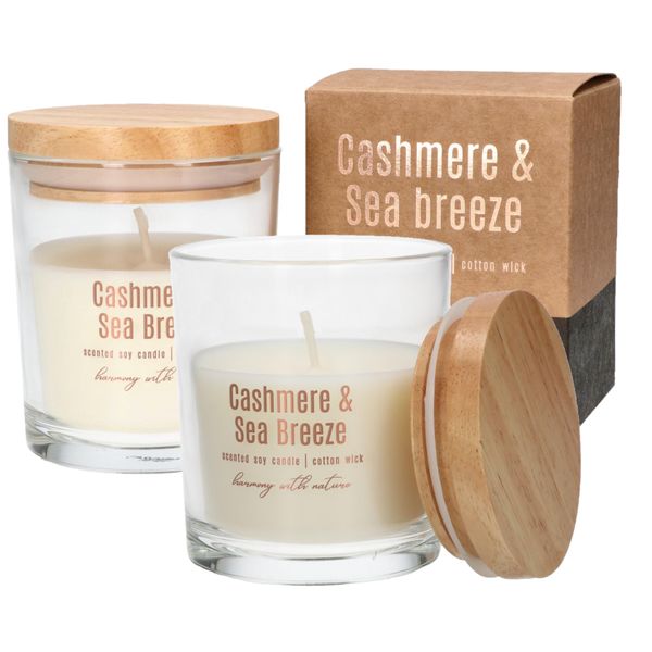 Kotarbau® Set Di 2 Candele Di Cera Di Soia Profumate In Vetro Con Coperchio In Legno Cashmere&Sea Breeze-image