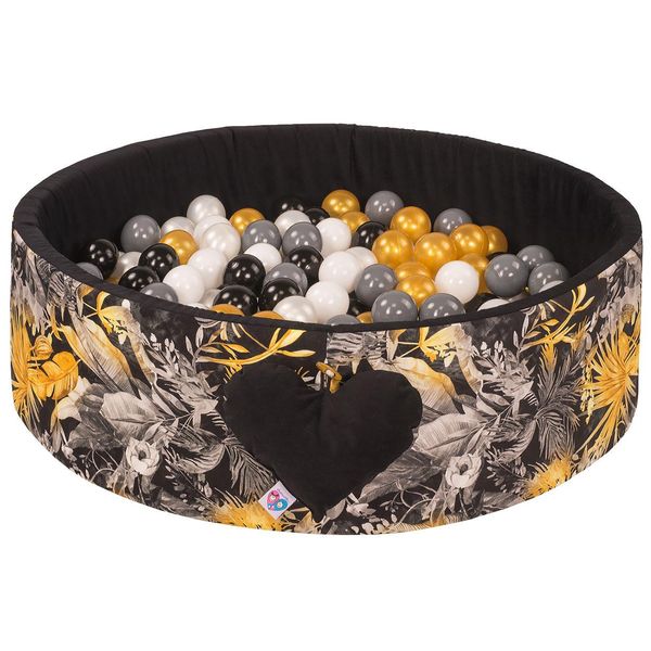 Piscina Di Palline Con Palline | Piscina Di Palline Per Bambini 98X30Cm | Colore: Nero Con Fiori | 300 Pezzi ∅ 7Cm Palline Dorate Per Piscina Di Palline.-image