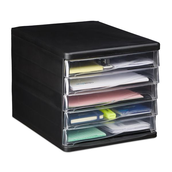 Cassettiera Relaxdays Per L'archiviazione Di Documenti, 5 Cassetti, Per Materiale Da Ufficio, Din A4, Lettera, Hbt 24,5X26,5X34 Cm, Nero-image
