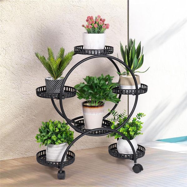 Wisfor Portafiori In Metallo, Portavaso Con 6 Ripiani, Portapiante, Arrotolabile, Portafiori Balcone Giardino Soggiorno-image