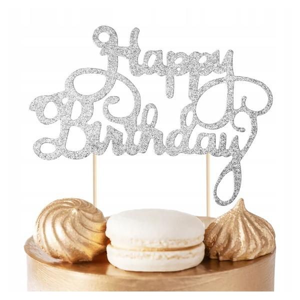 Cake Topper Di Compleanno Heppy Glitter Argento Festa Di Compleanno-image