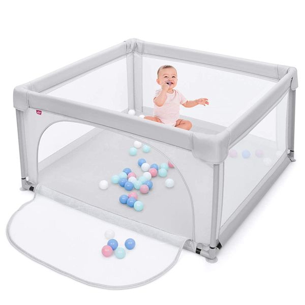 Costway 120 X 120 Cm, Box Per Bambini Con 50 Palline, Box Con Rete Traspirante E Cerniera, Cancello Per Gattonare Con Porta, Tenda Per Bambini E Neonati (Grigio)-image