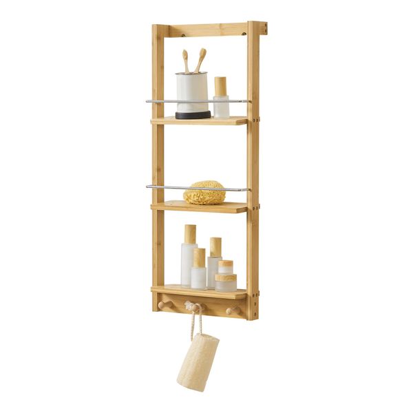Mensola Da Parete In Bambù Lidingö Mensola Da Bagno 3 Ripiani 3 Ganci Mensola Galleggiante 29X10X70Cm Legno Naturale-image