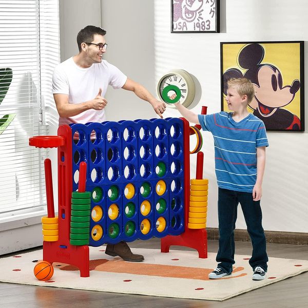 Costway Set Da Gioco Gigante 4-In-A-Row Con Canestro E Gioco Di Lancio, Inclusi 42 Anelli Jumbo E Cursore Per Riavvio Rapido, Gioco 4-In-A-Row Grande (Blu + Rosso)-image