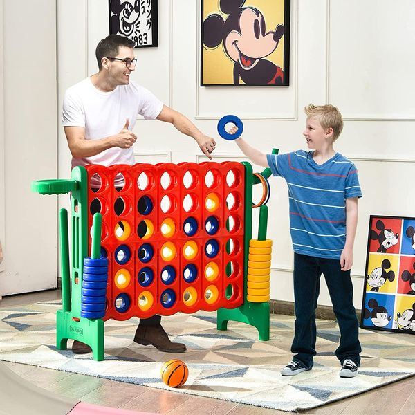 Costway Set Da Gioco Gigante 4-In-A-Row Con Canestro E Gioco Di Lancio, Inclusi 42 Anelli Jumbo E Cursore Per Il Riavvio Rapido, Gioco 4-In-A-Row Grande (Rosso + Verde)-image