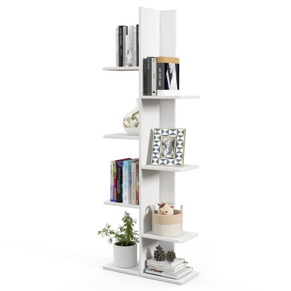 Libreria Costway Con 7 Ripiani, Scaffale Angolare Indipendente, Bianco-image