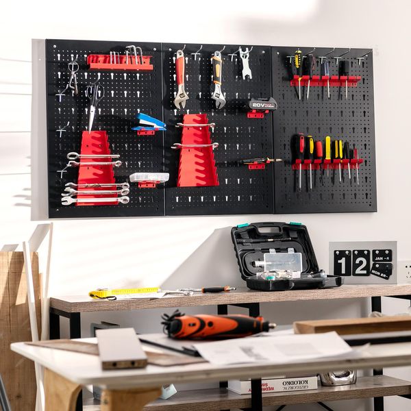 Costway 120X60Cm Parete Attrezzi Con 25 Accessori Appesi, Sistema Di Stoccaggio Porta Attrezzi Assortimento 3 Piastre Forate, Parete Officina In Metallo, Parete Forata Ideale Per Garage, Officina, Magazzino-image