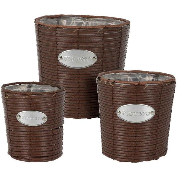 Progarden Set Di Vasi Da Fiori In Vimini, 3 Pezzi, Flowers Garden, 24 / 20 / 18 Cm, Marrone, KO-430001140-image