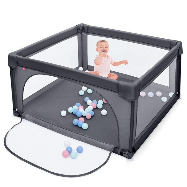 Costway 120 X 120 Cm, Box Per Bambini Con 50 Palline, Box Con Rete Traspirante E Cerniera, Cancello Per Gattonare Con Porta, Tenda Per Bambini E Neonati (Grigio Scuro)-image