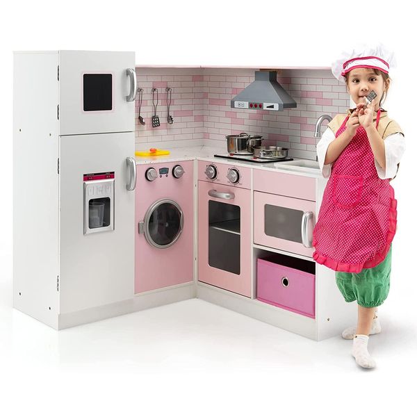 Cucina Angolare Costway Con Suoni E Luci, Cucina Per Bambini In Legno, Incl. Grembiule E Accessori Per Il Gioco, Per Bambini A Partire Da 3 Anni-image