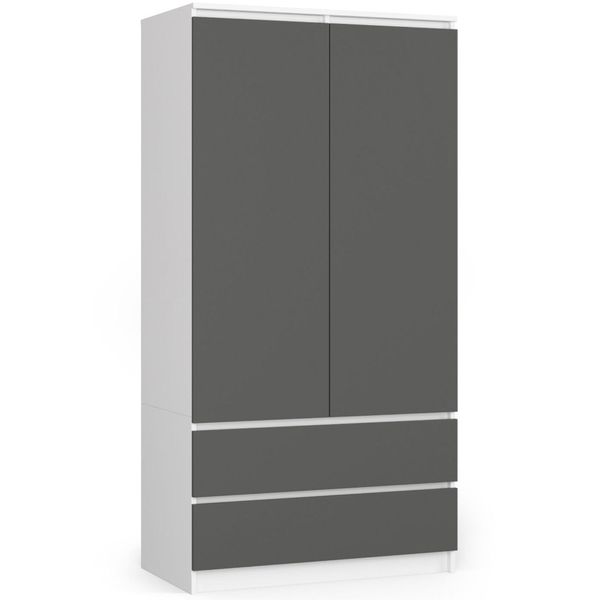 Armadio A 2 Ante E 2 Cassetti (L:90Cm / H:180Cm / P:51Cm) In Bianco E Grigio Grafite-image