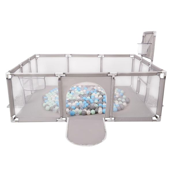 Selonis Playpen Grande Parco Giochi Con 100 Palline Playpen Per Bambini, Grigio:Perla/Grigio/Trasparente/Blu Bambino/Minze-image