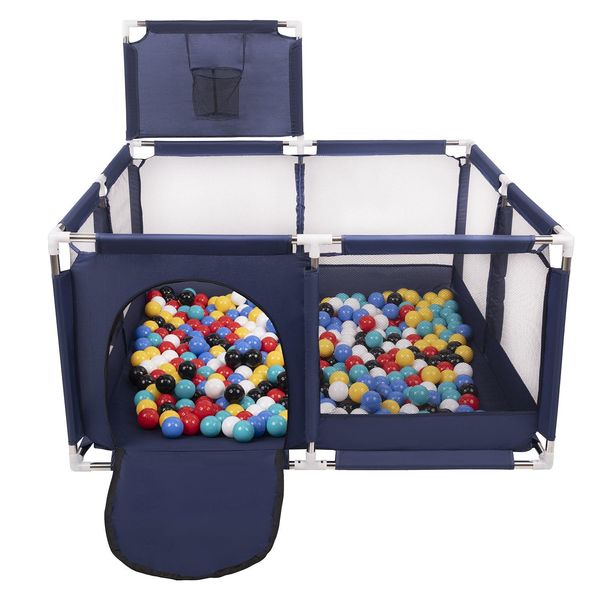 Selonis Box Con Cesto E 900 Palline Playpen Per Bambini, Blu:Nero/Bianco/Blu/Rosso/Giallo/Turchese-image
