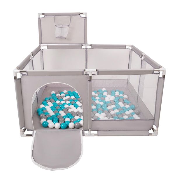 Selonis Box Con Cesto E 400 Palline Box Per Bambini, Grigio:Grigio/Bianco/Turchese-image