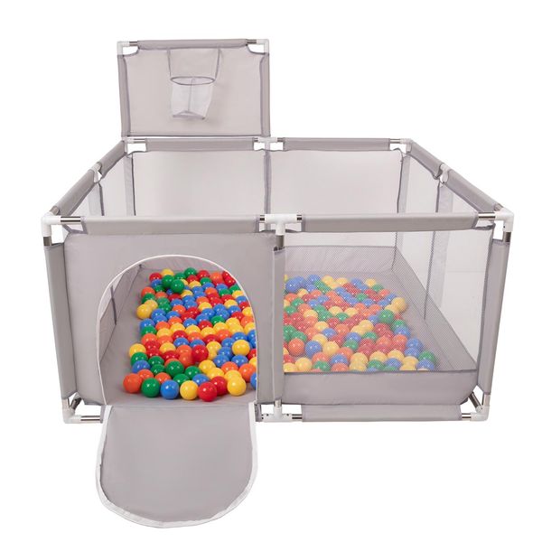 Selonis Box Con Cesto E 100 Palline Per Bambini, Grigio:Giallo/Verde/Blu/Rosso/Arancio-image