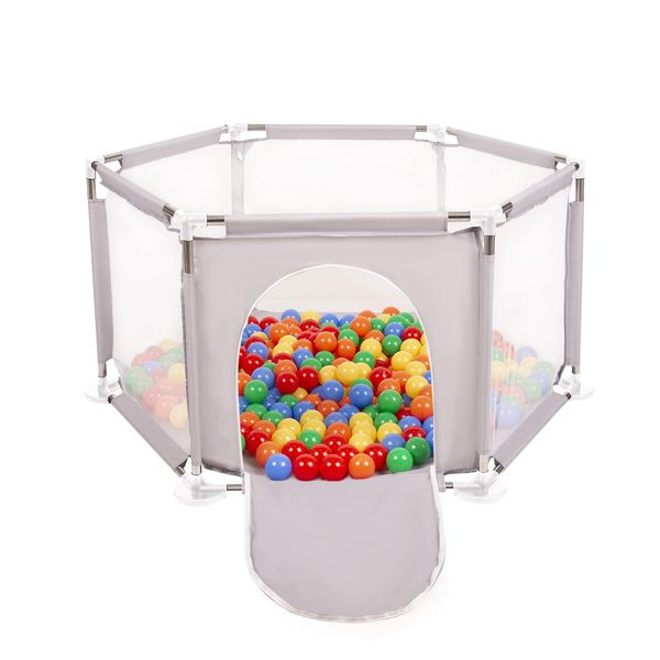 Selonis Box Esagonale Con 200 Palline Box Per Bambini, Grigio:Giallo/Verde/Blu/Rosso/Arancione-image