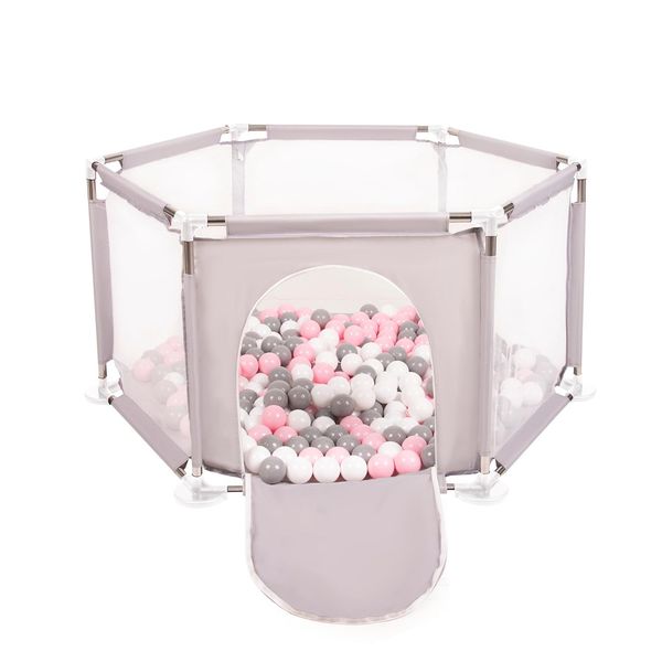 Selonis Box Esagonale Con 200 Palline Box Per Bambini, Grigio:Bianco/Grigio/Rosa Cipria-image