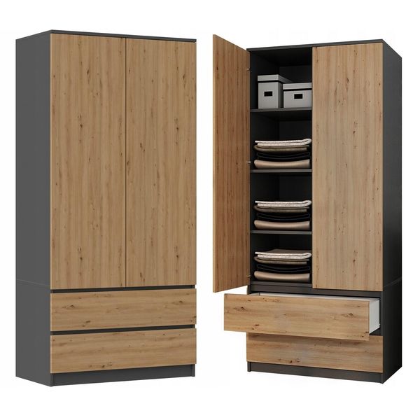 Armadio Guardaroba 90 Cm Con Cassetti Taavi - Rovere Artisan / Antracite-image