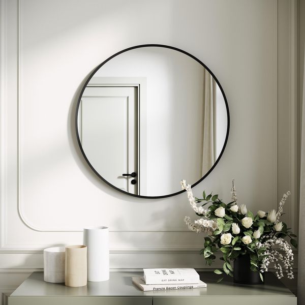 Sonni Specchio Da Parete Specchio Per Il Trucco Rotondo 60 Cm Con Cornice In Alluminio Specchio Nero Specchio Appeso-image