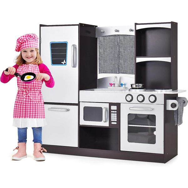 Costway Cucina Per Bambini Con Frigorifero, Cucina Da Gioco In Legno Per Bambini, Incl. Accessori Da Gioco, Per Bambini A Partire Da 3 Anni, Marrone, 97 X 30 X 95Cm-image