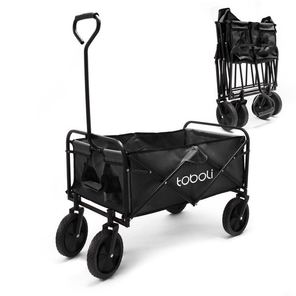 Carretto A Mano Toboli Pieghevole Offroad Nero, Carretto A Mano Pieghevole Caricabile Fino A 100 Kg, Carretto A Mano Pieghevole Per Spiaggia, Giardino, Shopping-image