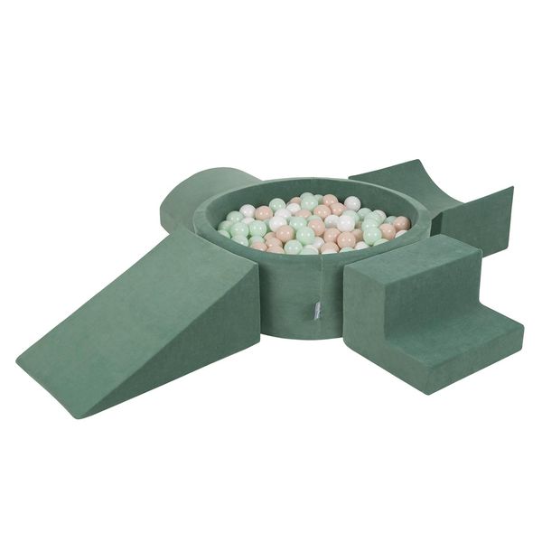 Parco Giochi Kiddymoon Con Palline Di Gommapiuma Verde Bosco: Beige Pastello-Bianco-Menta Piscina 300/Club L/Rampa L/Semi-Rullo L/Scalinata Parco Giochi-image