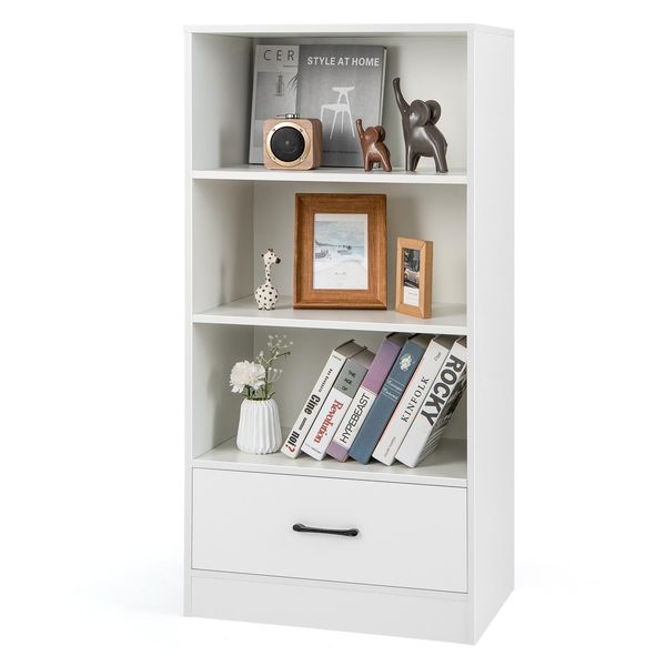 Libreria Costway 120 Cm Con Cassetti, Scaffale In Legno A 4 Livelli, Ripiano In Piedi (Bianco)-image