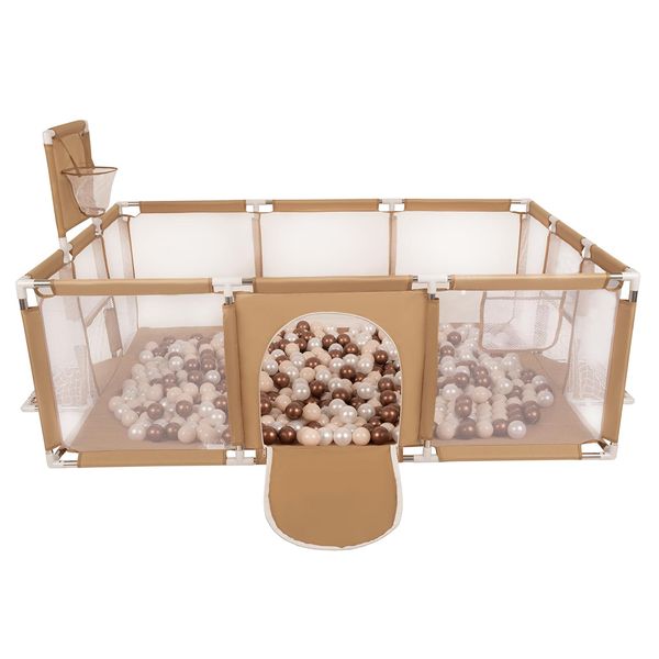 Selonis Playpen Grande Parco Giochi Con 100 Palline Playpen Per Bambini, Beige:Beige Pastello/Rosso Rame/Perla-image