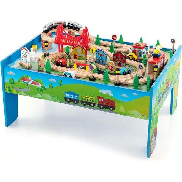 Costway Set Ferroviario Per Bambini Da 80 Pezzi, Tavolo Da Gioco In Legno Con Piano Reversibile E Rimovibile, Trenino Ferroviario In Legno Per Bambini A Partire Dai 3 Anni Di Età-image