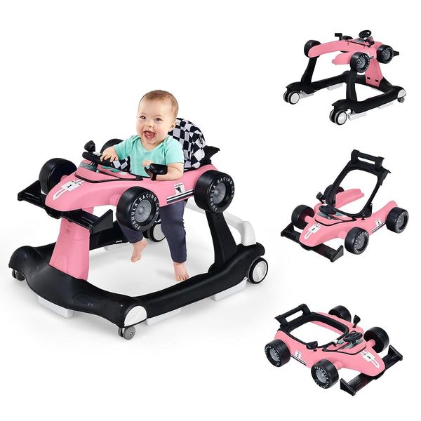 Costway Girello 4 In 1 Con Altezza E Velocità Regolabili, Girello A Forma Di Auto Con Cuscinetti Antiscivolo E Ruote, Girello Pieghevole Con Carillon E Luce Per Bambini Da 6 A 18 Mesi (Rosa)-image