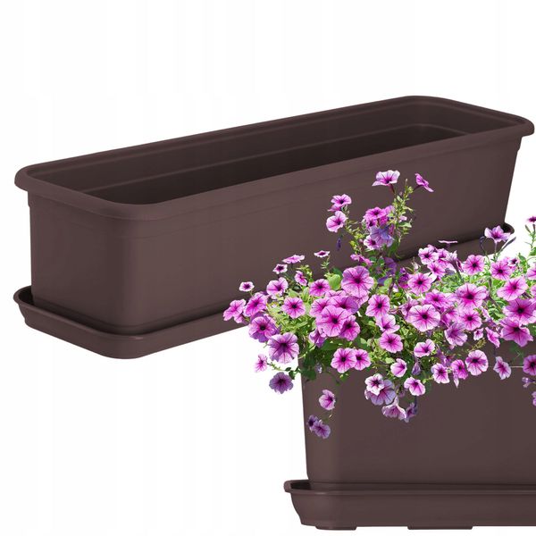 Fioriera Kadax Con Sottovaso "Evron"", In Plastica, Vaso Per Fiori Per Balcone, Terrazza, Davanzale, 60 Cm, Marrone"-image