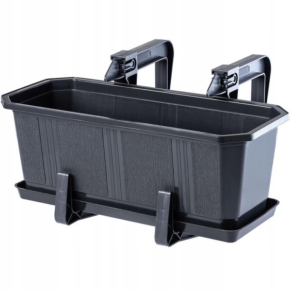 Fioriera Kadax Con Base E Portacassette Da Balcone "Trani"", In Plastica, Vaso Da Fiori Per Balcone, 40 Cm, Grafite"-image