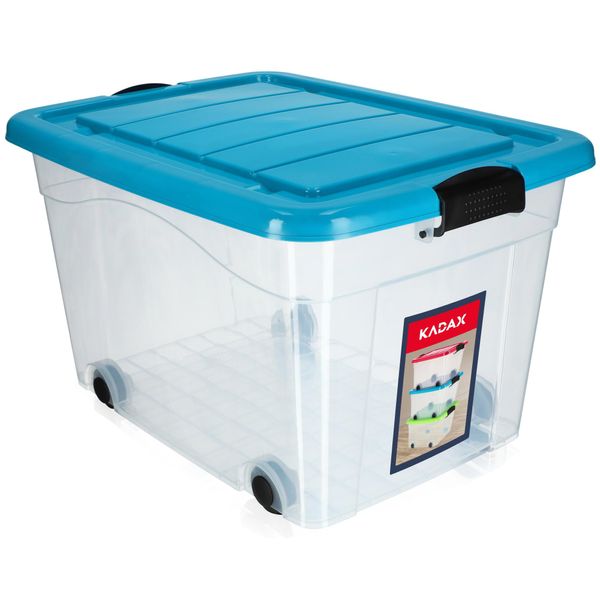 Contenitore In Plastica Kadax Con Ruote, Contenitore Per Organizzazione, Contenitore Con Coperchio Blu, 60L-image