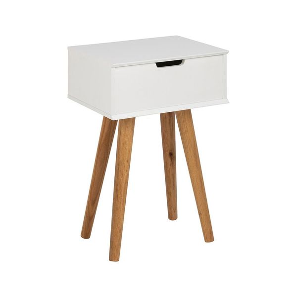 Comodino Mike Con 1 Cassetto Bianco E Gambe In Legno Di Rovere.-image