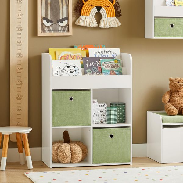 Sobuy KMB79-W Scaffale Per Bambini Scaffale Per Bambini Con 2 Scatole In Tessuto Scaffale Per Giocattoli Scaffale Per Riporre I Giocattoli-image