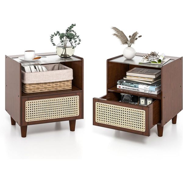 Costway Set Di 2 Comodini In Bambù E Rattan Con Cassetto, Tavolino Con Piano In Vetro E Scomparto Aperto, Tavolino Da Divano, Comodino, Console Da Letto Boho Per Camera Da Letto, 43 X 35 X 50 Cm-image