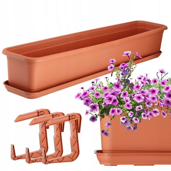 Fioriera Kadax Con Base E Supporto Per Fioriera Da Balcone "Evron"", In Plastica, Vaso Da Fiori Per Balcone, 80 Cm, Terracotta"-image
