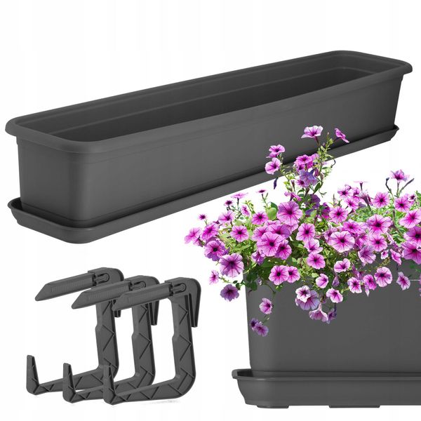 Fioriera Kadax Con Base E Portacassette Da Balcone "Evron"", In Plastica, Vaso Da Fiori Per Balcone, 80 Cm, Antracite"-image