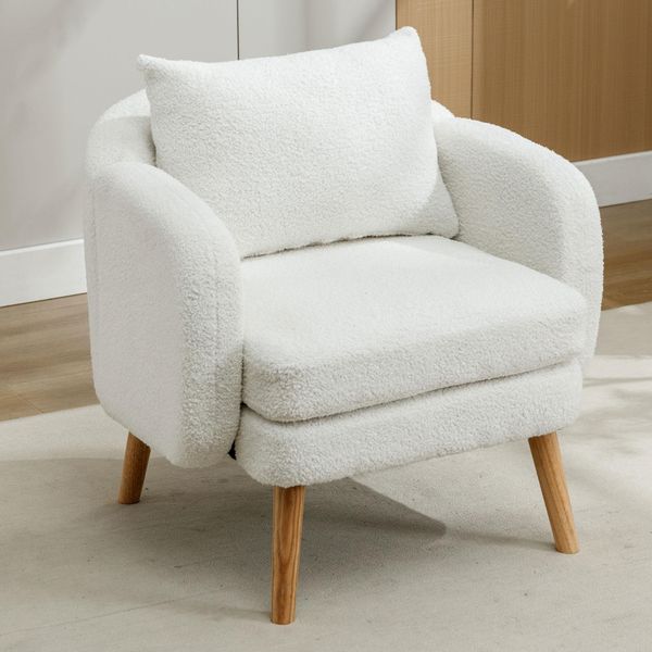 Poltrona Imbottita Merax Con Cuscini Decorativi E Gambe In Legno Massiccio, Poltrona Reclinabile Teddy Peluche Poltrona Reclinabile Poltrona Singola Poltrona Singola Divano Lounge, Bianco-image